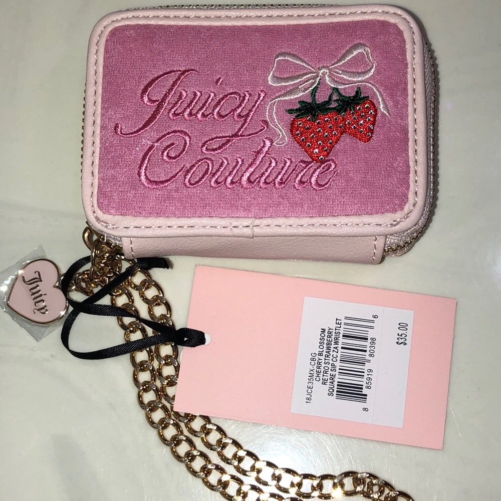 Juicy Couture Cherry Blossom Retro Strawberry Square CC Wallet Chain Strap NWT